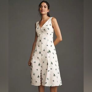 New! Anthropologie sleeveless v-neck button-front embroidered midi dress